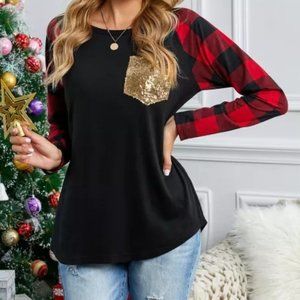 Buffalo Plaid Sequined Pocket Sweatshirt